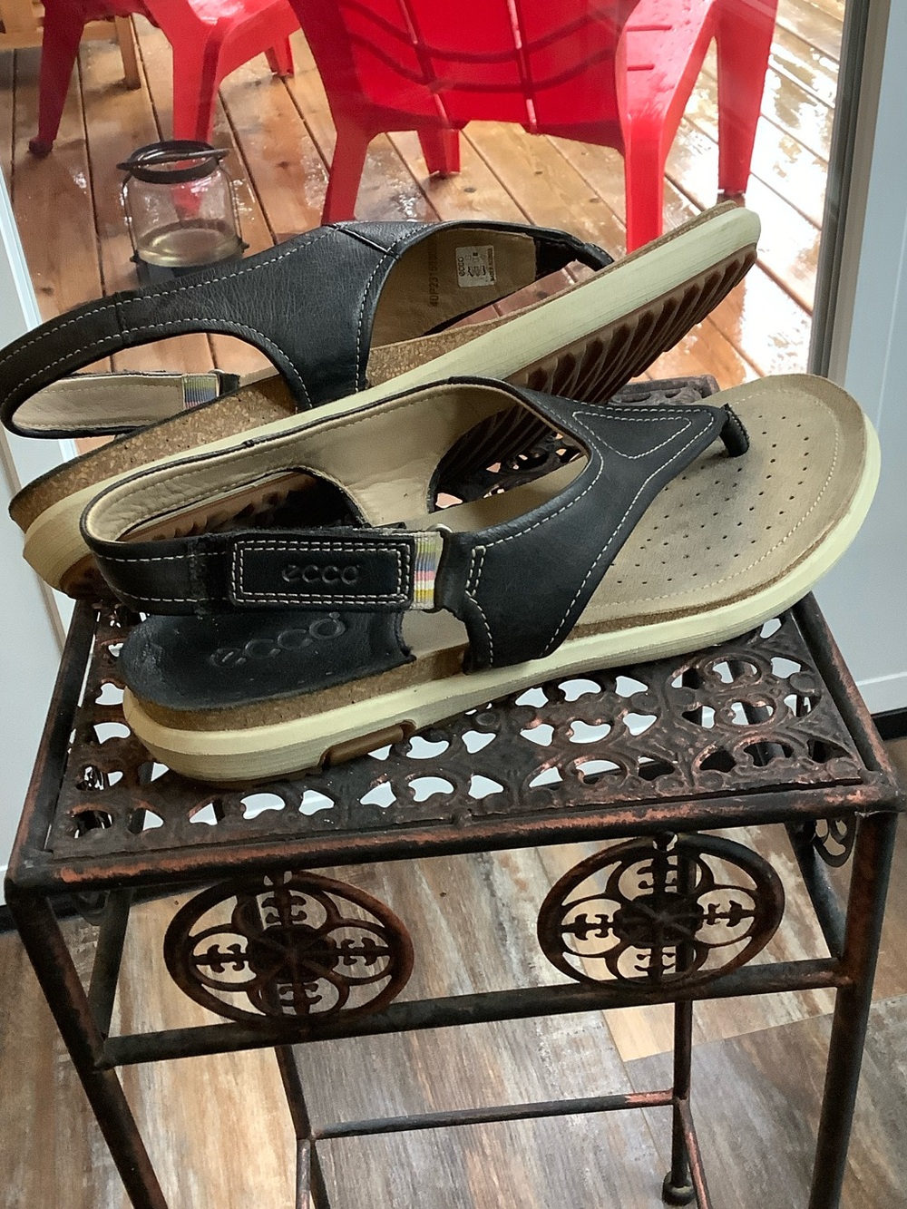 Ecco Black Leather Thong Sandals with Beige Footbed
